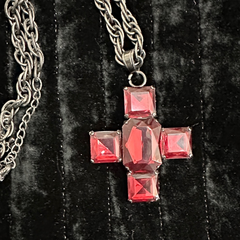 Silver and Dusty Burgundy Cross Necklace - Rock Glam Goth